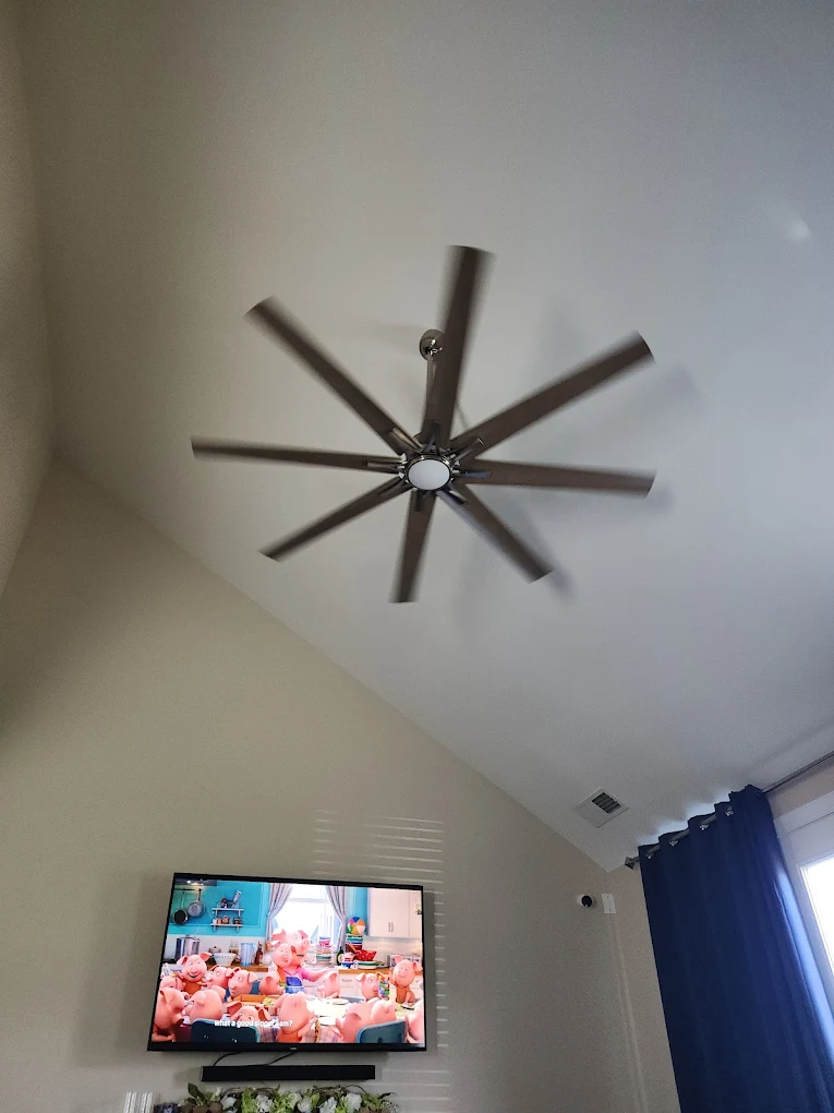 Large ceiling fan installation on vaulted ceiling